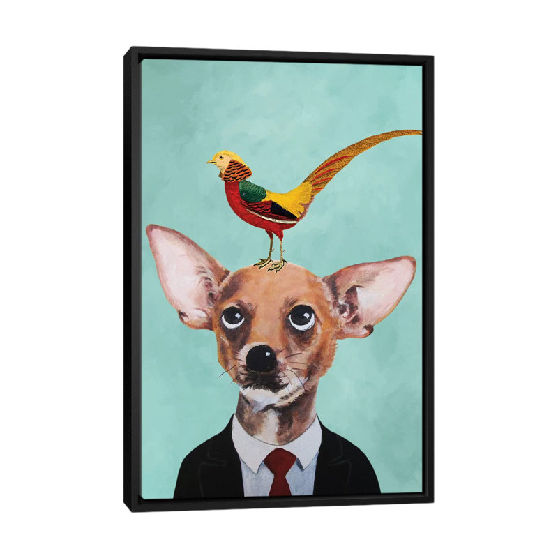 «Chihuahua With Bird» par Coco de Paris, impression sur toile tendue, H 26 po x l 18 po x P 1,5 po, Toile avec cadre noir