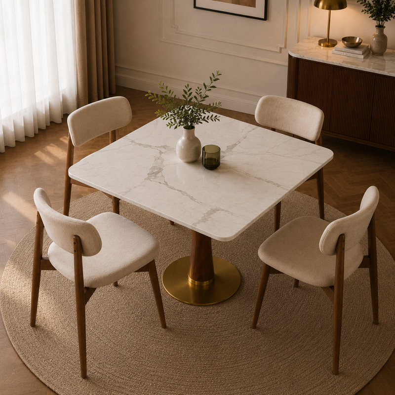 Table de salle à manger 33,5 po ronde en pierre frittée avec base en bois d'hévéa massif et base en acier inoxydable brossé doré, table de salle à manger moderne pour 2 à 4 personnes