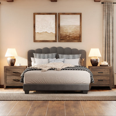 3 Piece Bed And Nightstand Set For Bedroom,Adjustable Height Upholstered Queen Bed