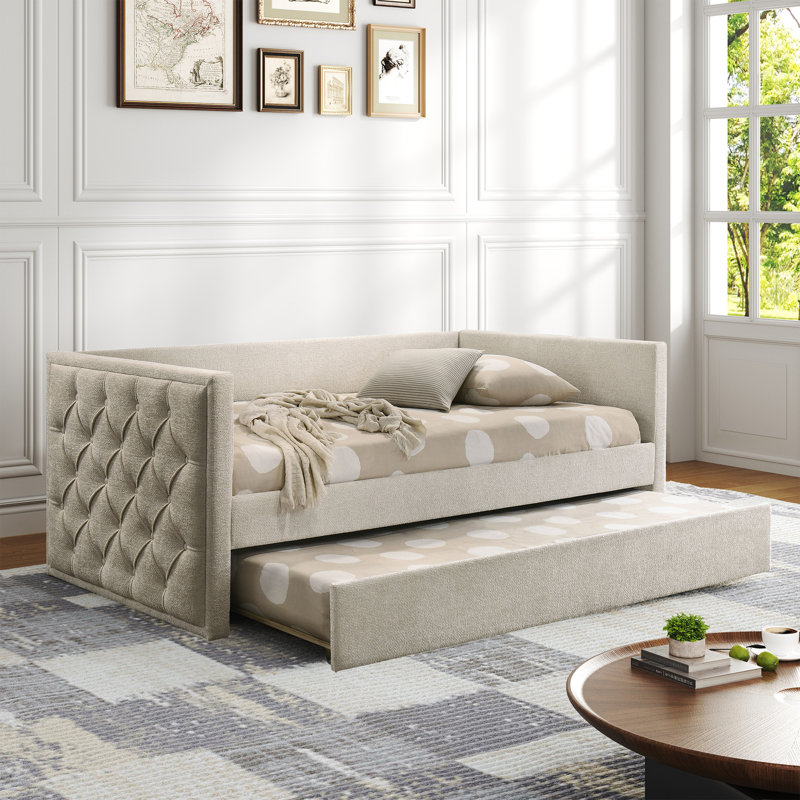Modern Fabric Twin Sofa Bed Daybed with Trundle, Beige