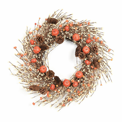 Couronne de 24 po avec rameaux artificiels rustiques et baies, pomme de pin, récolte d'automne, porte d'entrée, couronne, décoration de l'Action de grâce d'Halloween
