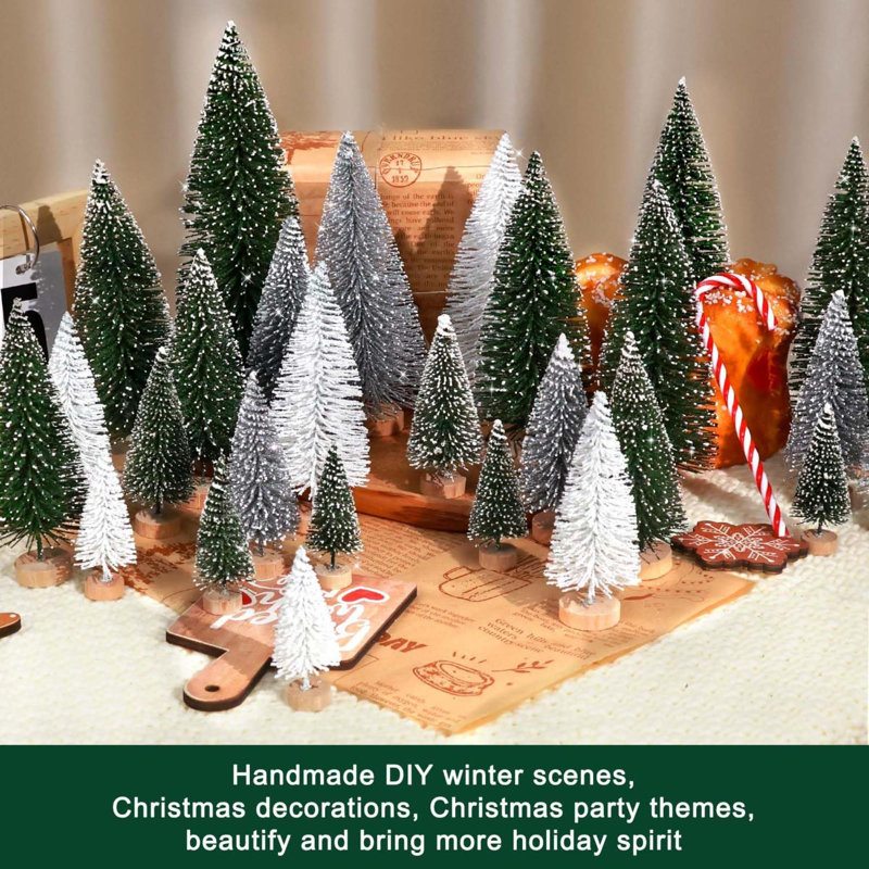 Miniature Green and White Plastic Tabletop Christmas Trees with Wooden Base