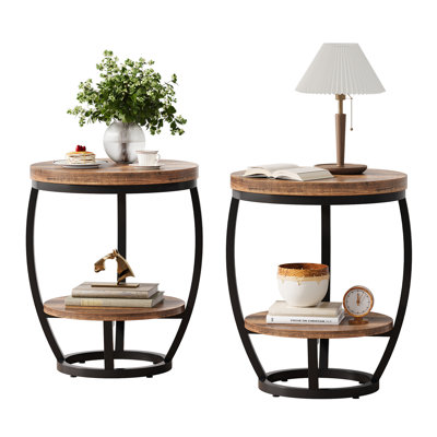 Table d'appoint ovale à 2 niveaux pour petits espaces, table de bout en bois rustique et en métal, table de chevet pour chambre à coucher ou salon de table de bout (ensemble de 2)