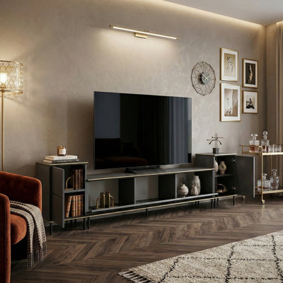 Meuble télé moderne 71 po avec 2 armoires latérales assorties et accents dorés luxueux