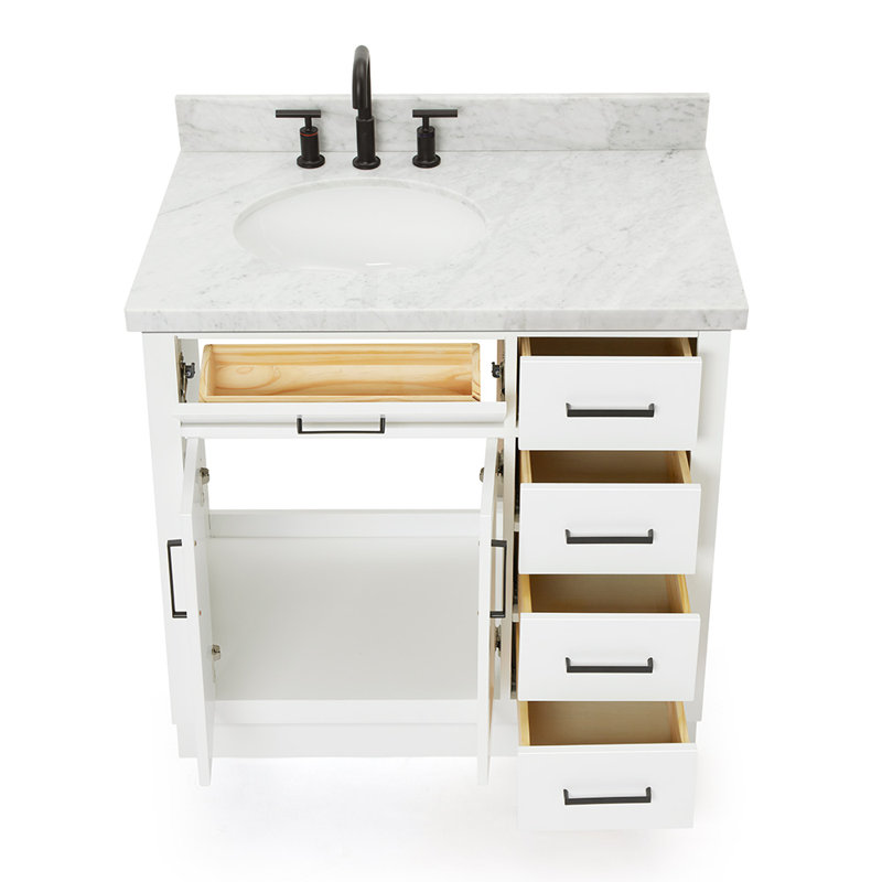 Meuble-lavabo simple en bois massif 36 po Tidworth avec plateau en marbre de Carrare 1,5 po, Gauche, Ovale, Blanc