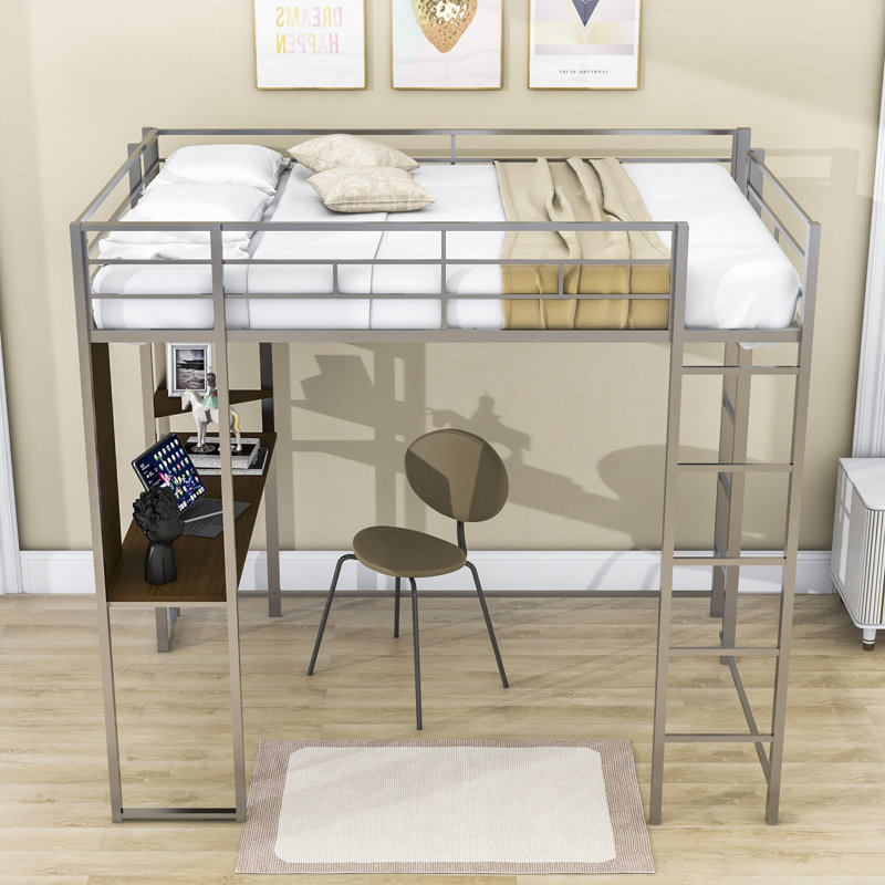 Waukee Steel Full Loft Bed with Build-In Desk with Built-In Ladder, Silver