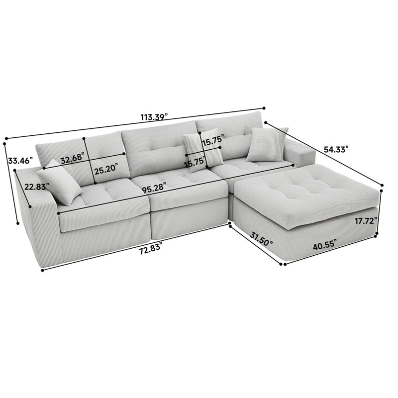 Canapé modulaire en L avec éponge haute densité, canapé convertible sans assemblage requis, Gris clair