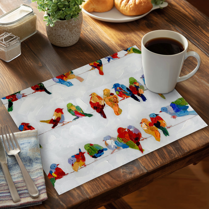 Napperon oiseaux colorés sur fil | Polyester bleu