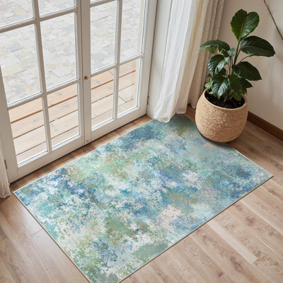 Tapis 2 x 3 pour la salle de bain de la cuisine de l'entrée, tapis lavable à la machine, tapis abstrait moderne, tapis à poils courts avec envers antidérapant, bleu vert