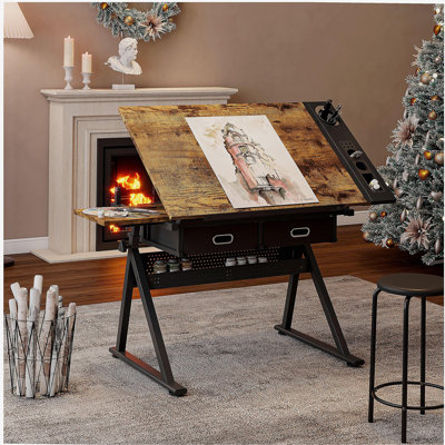 adjustable drawing drafting table desk with 2 drawers for home office and school with stool(brown)
