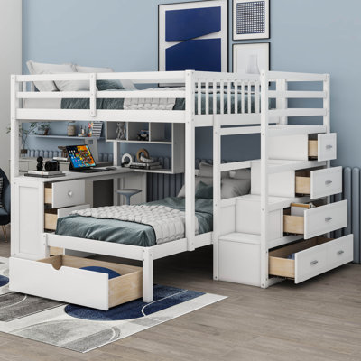 Lit superposé double au-dessus de simple avec bureau, tiroirs et tablettes Jefforey