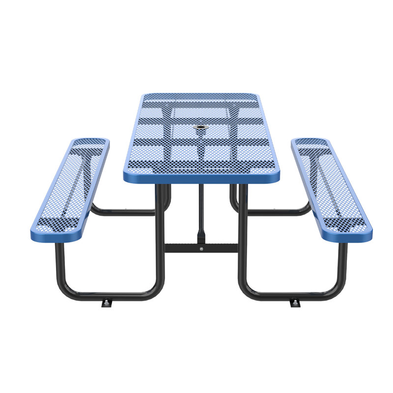8 Ft. Rectangular Metal Outdoor Picnic Table With Umbrella Hole, Blue