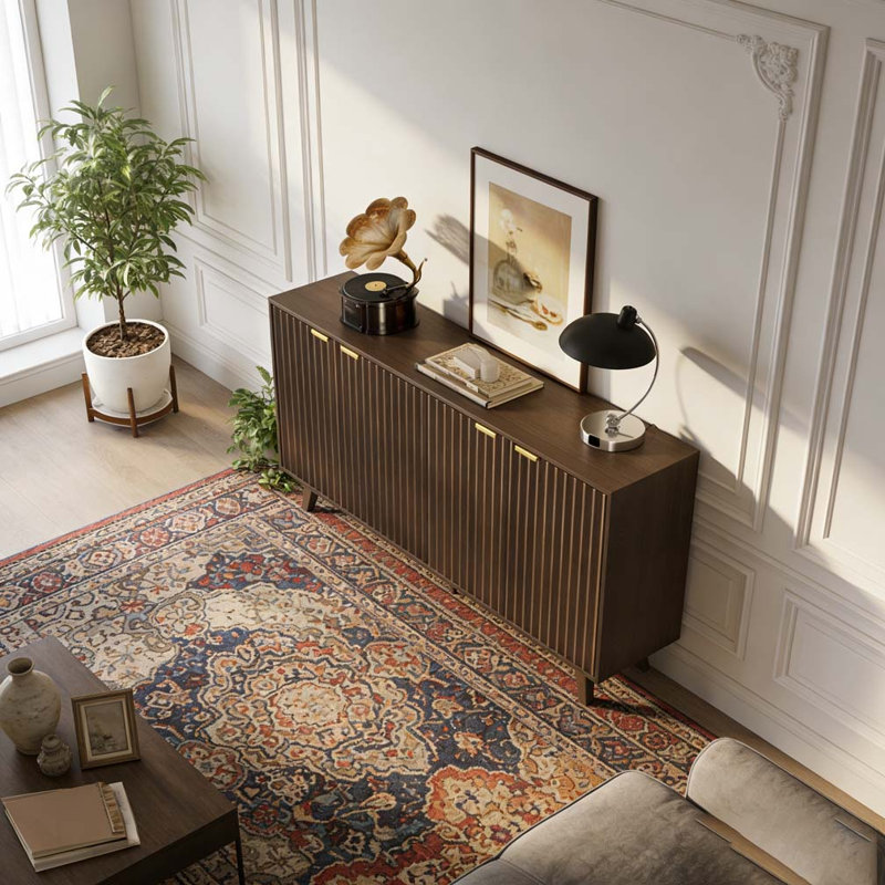Commode pratique, armoire à buffet cannelée avec portes et tablettes réglables, Gris foncé
