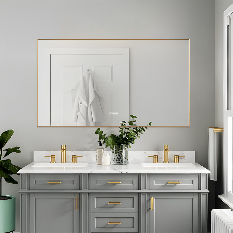 Miroir de meuble-lavabo rétro-éclairé à DEL, Or brossé, 36 po x 60 po