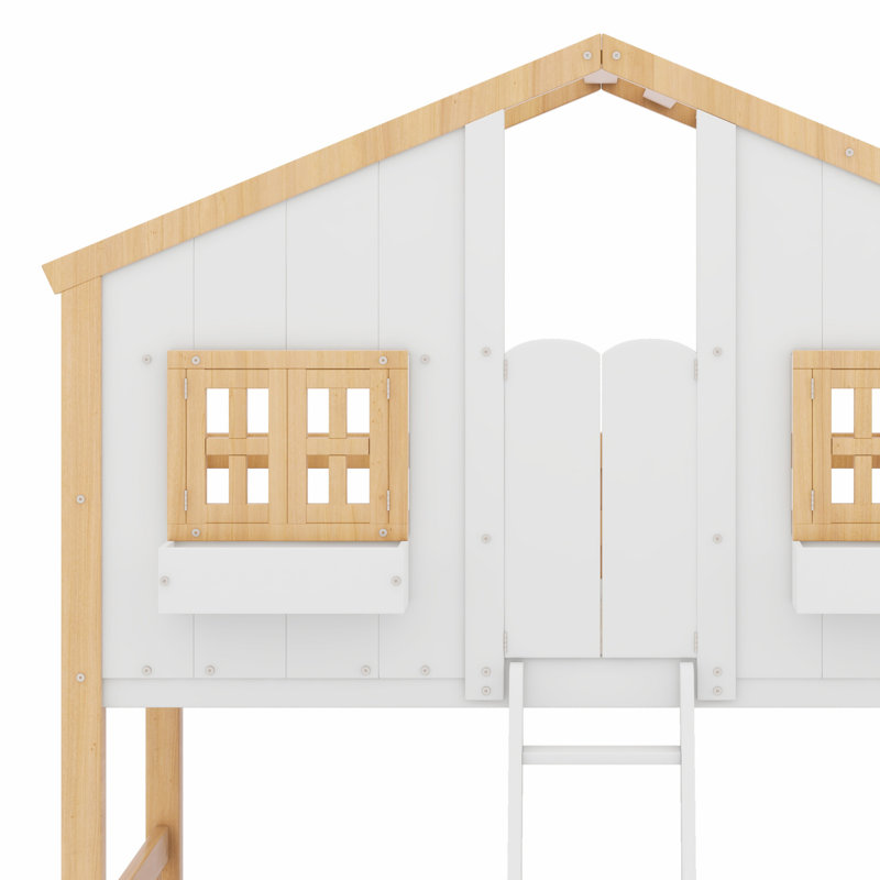Lit superposé House avec toit, fenêtre, boîte de fenêtre, porte, avec barrières de sécurité et échelle, Naturel / blanc