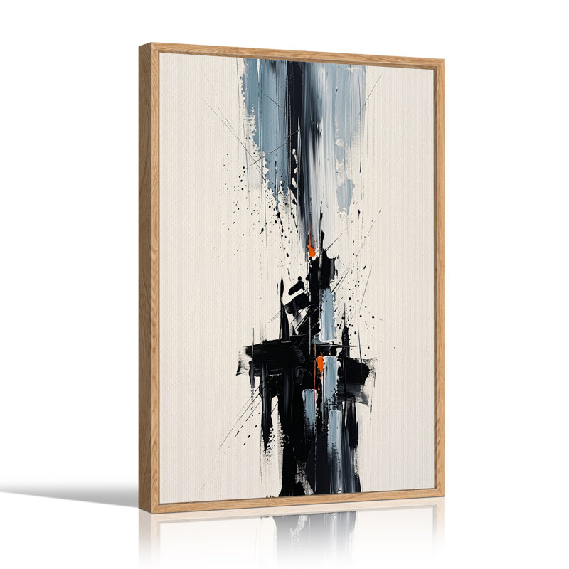 Tableau abstrait à coups de pinceau verticaux en noir, gris et orange, 48"H x 36"W