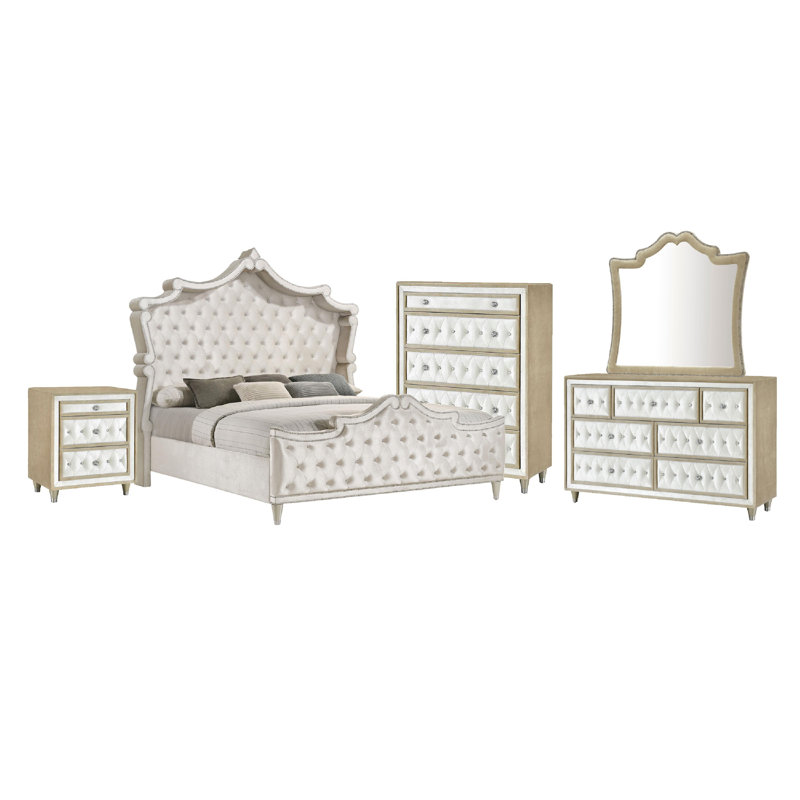 Lino 5 Piece Queen Bedroom Set, Classic Ivory White Velvet Upholstery, Queen