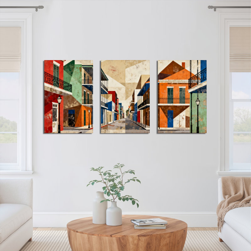 Tableau sur toile représentant une scène de rue méditerranéenne colorée (lot de 3), H 18 po x l 36 po