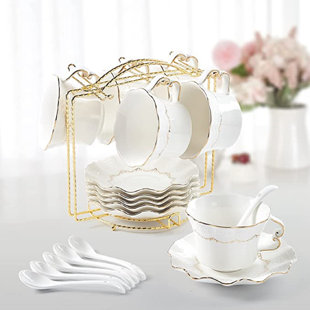Elegant Durable and Colorful Porcelain Espresso Cup and Saucer Set - Set of 6, Gold, 2 oz., Size: 2.25 x 3 x 2.25