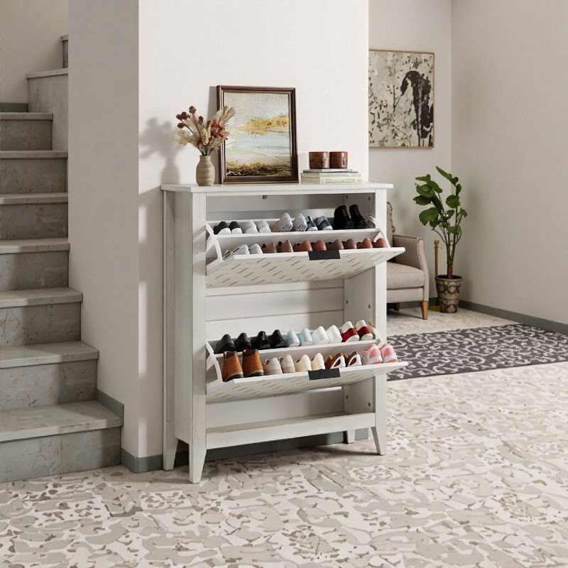 Armoire de rangement pour chaussures 31,5 pouces en aggloméré et en bois massif avec 2 tiroirs rabattables et compartiments réglables