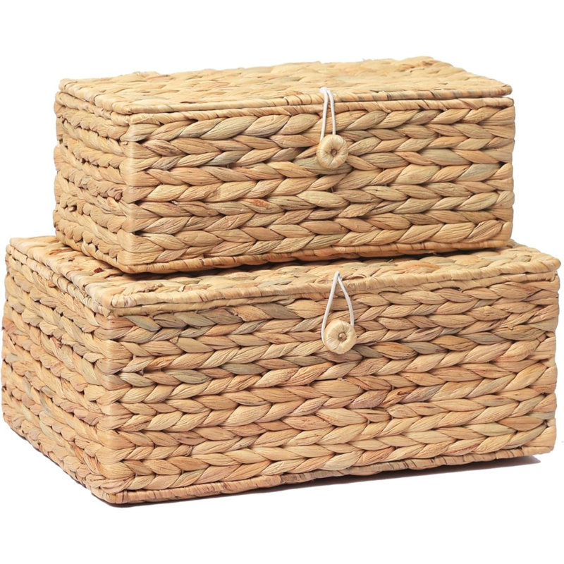 Set Of 2 Rectangular Wicker Storage Bins With Lid, Multipurpose Organizer Rattan Display Boxes For Shelf Organizer, Boho Wicker Box For Home Decoration