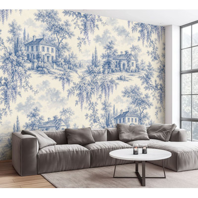 Wall Mural Peel and Stick Wallpaper Vintage Blue Toile de Jouy Rustic Houses Floral Motifs Self-Adhesive Removable Contact Paper Wall Decor for Living Room Bedroom 100"H x 144"W