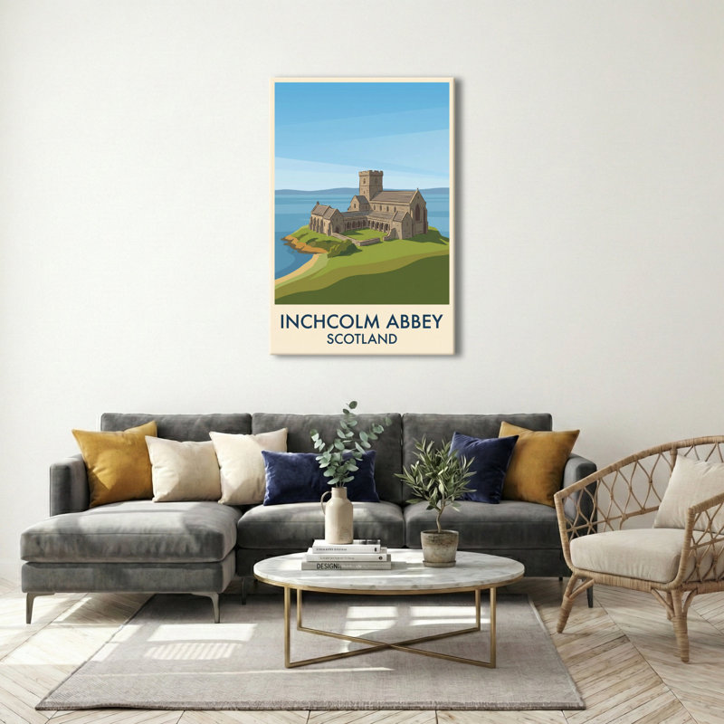 Inchcolm Abbey, Scotland - Romantic Isle Abbey Travel Poster of Sea, Stone and Light. Giclee Print on Wrapped Canvas. Wall Art, Home Decor - Religious & Cultural Sites, Scotland 1 Piece Wrapped Canvas Wall Art