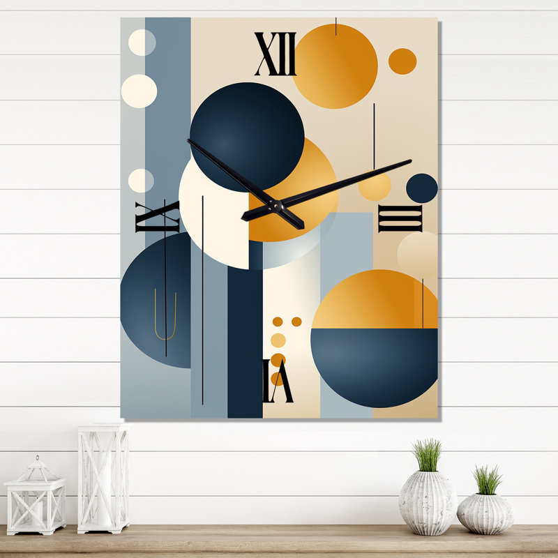 Horloge murale graphique abstraite géométrique jaune et bleu IV - Mid-Century, H 32 po x l 16 po x P 1 po
