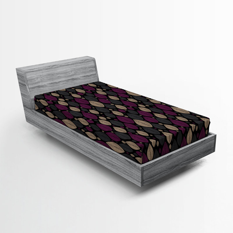 Ambesonne Minimalist Fitted Sheet Geometric Leaves Boho Purple Dark Grey Tan, Twin Fitted Sheet