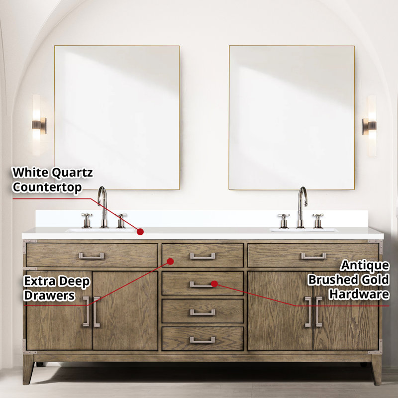 80 po Meuble-lavabo double large en chêne gris avec comptoir en quartz blanc, robinet inclus, 36 miroirs, garniture scellée et durable pour la durabilité