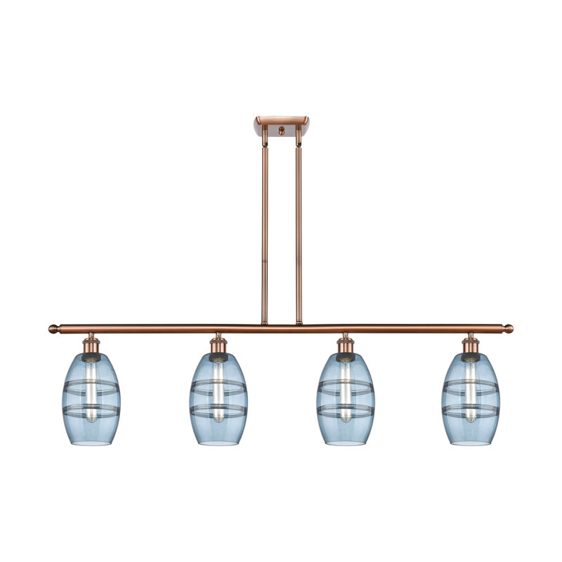 Luminaire suspendu rond / ovale pour îlot de cuisine à 4 lumières Dundrod, Bleu princesse, Cuivre antique