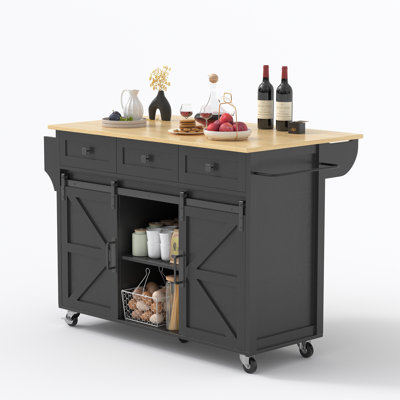Farmhouse Kitchen Island Cart With Drop Leaf, Barn Door Storage Cabinets & Locking Wheels – Rustic Wood Finish