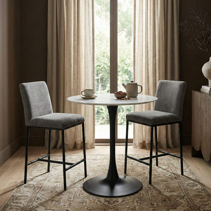 Reeves Chenille Fabric Upholstered Counter Stool, Matte Black, Grey Chenille Fabric