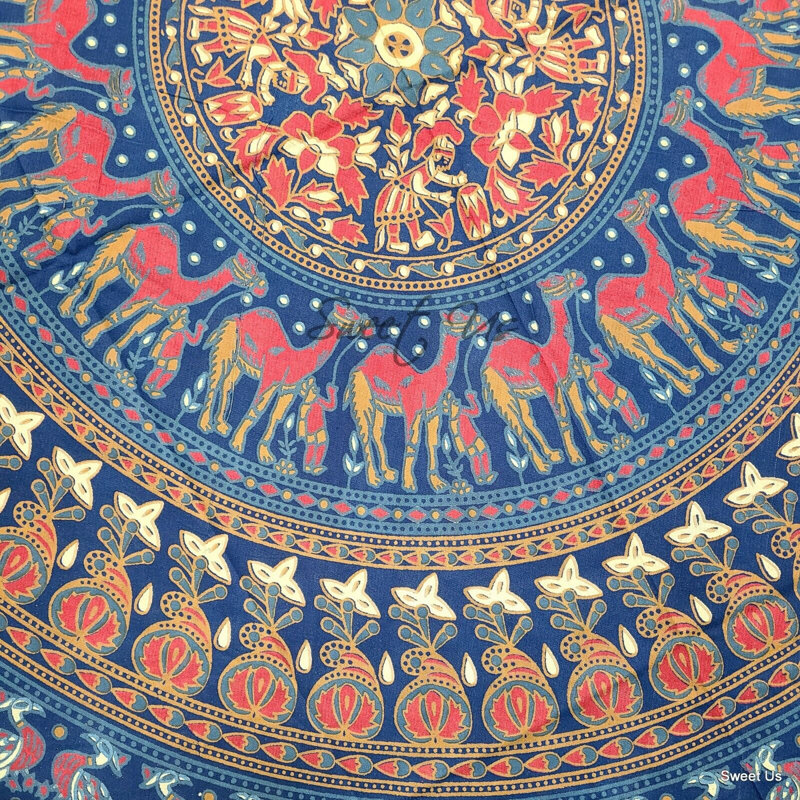 Handcrafted Round Blue and Red Cotton Tablecloth