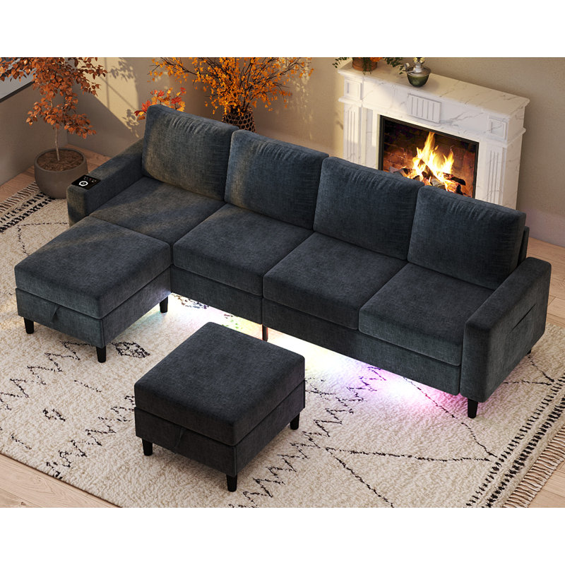 6 Seat Chenille Sectional Sofa With Smart Module-Wireless Charging/Usb/Type-C/Rgb Light, Gray