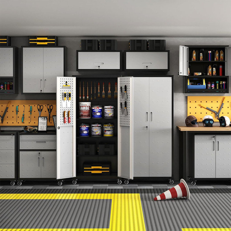 Garage Storage Cabint on Wheels with Locking Doors and 3 Adjustable Shelves, Tall Rolling Steel Cabinets for Garage Warehouse