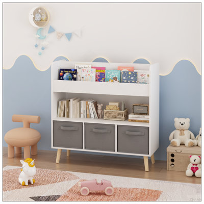 Kids Bookshelf with 3 Fabric Bins, Modern Children's Bookcase with Storage for Toys and Books, Toddler Book Organizer Shelf for Playroom, Bedroom, or Nursery, White and Gray
