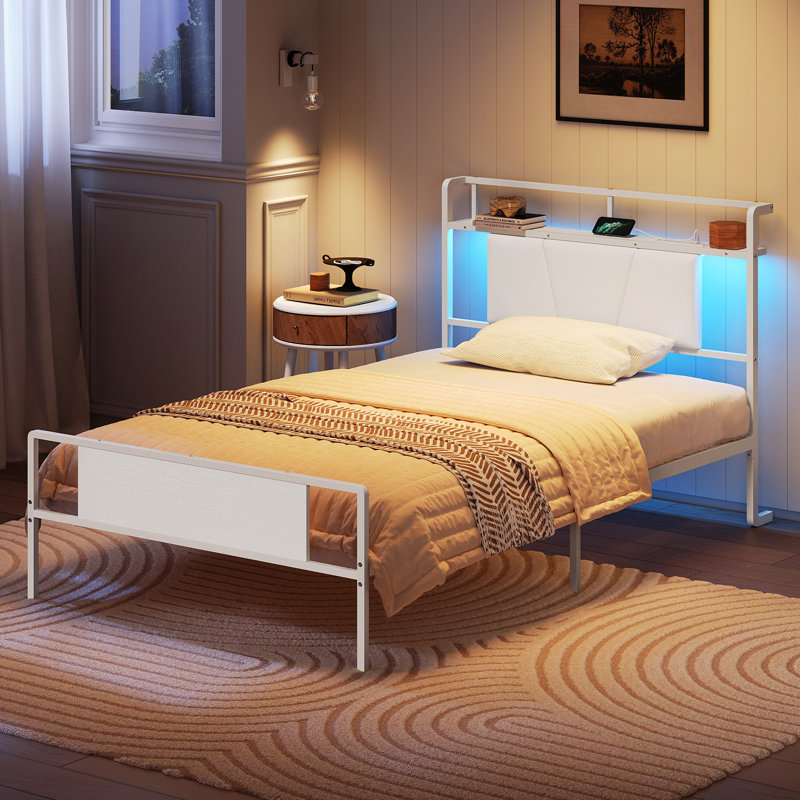 Bed Frame with Upholstered Headboard and Charging Station, Twin, White