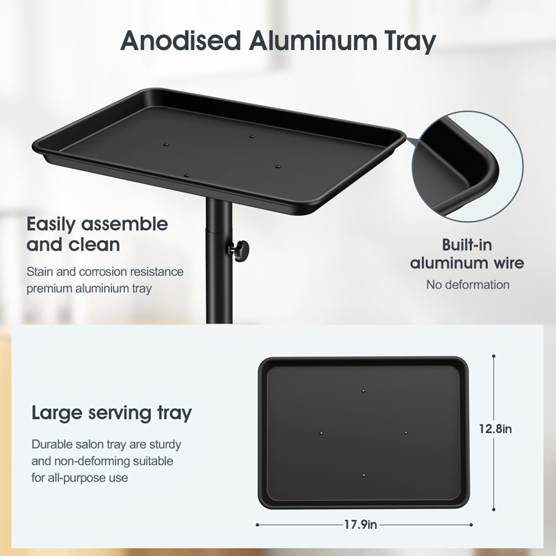 Utility Cart with Wheels Storage Cart with Tray Height Adjustable Salon Tray Cart, Black