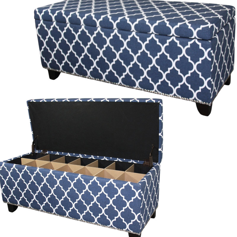 Banc de rangement de 18 pouces de hauteur avec des rayures marocaines bleues, une surface de 39 po, une assise de 42 po et 17 po de hauteur, du siège au sol