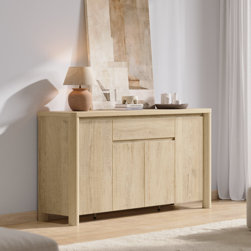 Quandro 63" Sideboard Modern Natural Wood Coffee Bar With 4 Doors And Adjustable Shelves For Kitchen