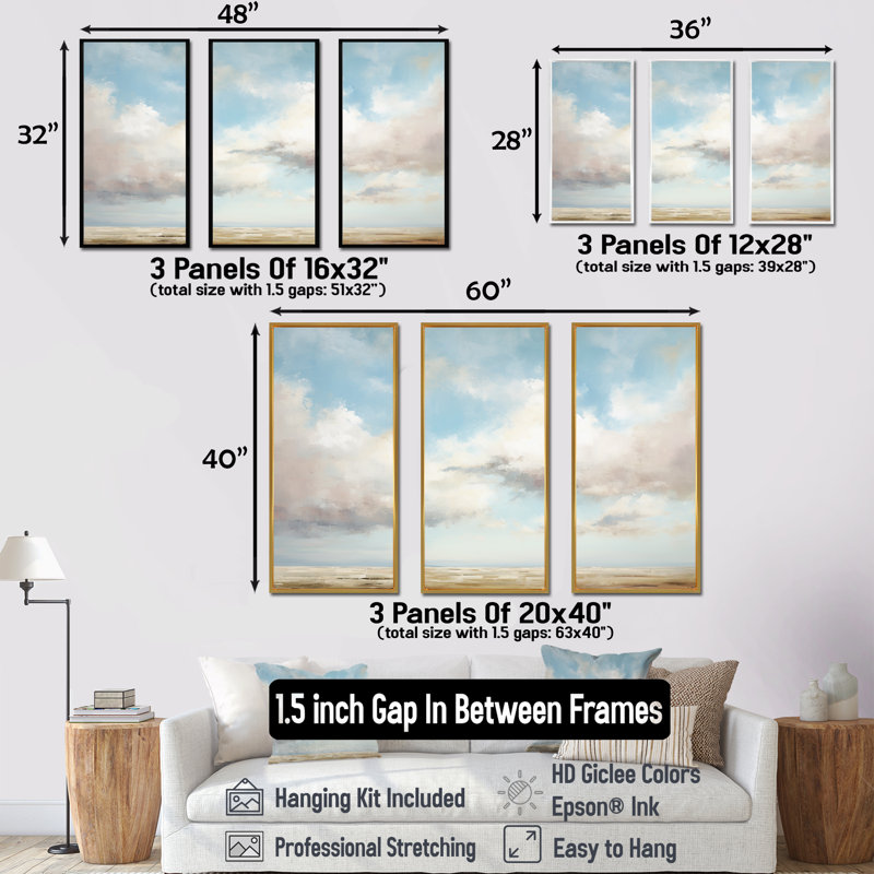 «White Clouds Scenery Minimalisme II», ensemble de reproduction d'art mural nuages, Cadre flottant blanc