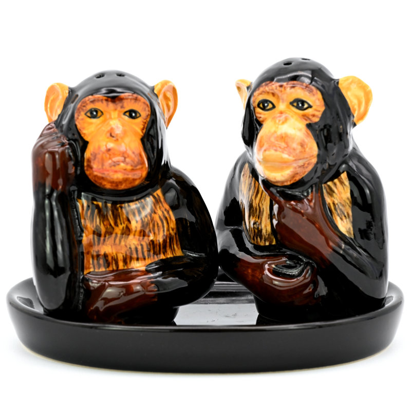SALT AND PEPPER SHAKER Monkey and black ceramic tray