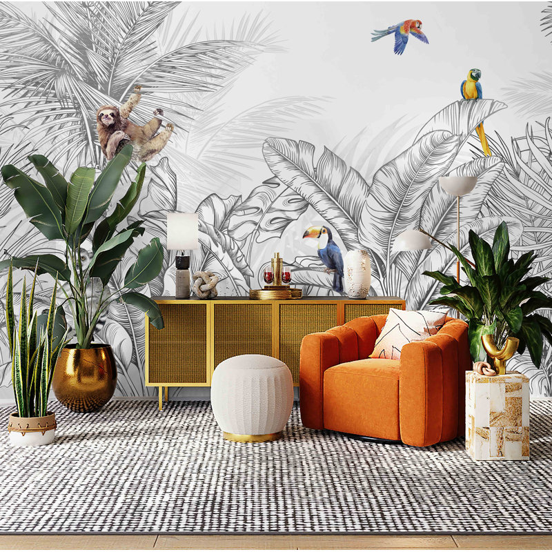 Papier peint faune jungle tropicale, Gris, L 82 po x l 122 po