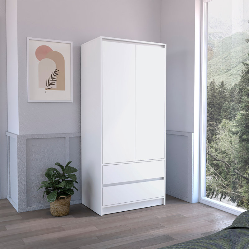 Armoire, penderie avec deux tiroirs, tringle, Blanc
