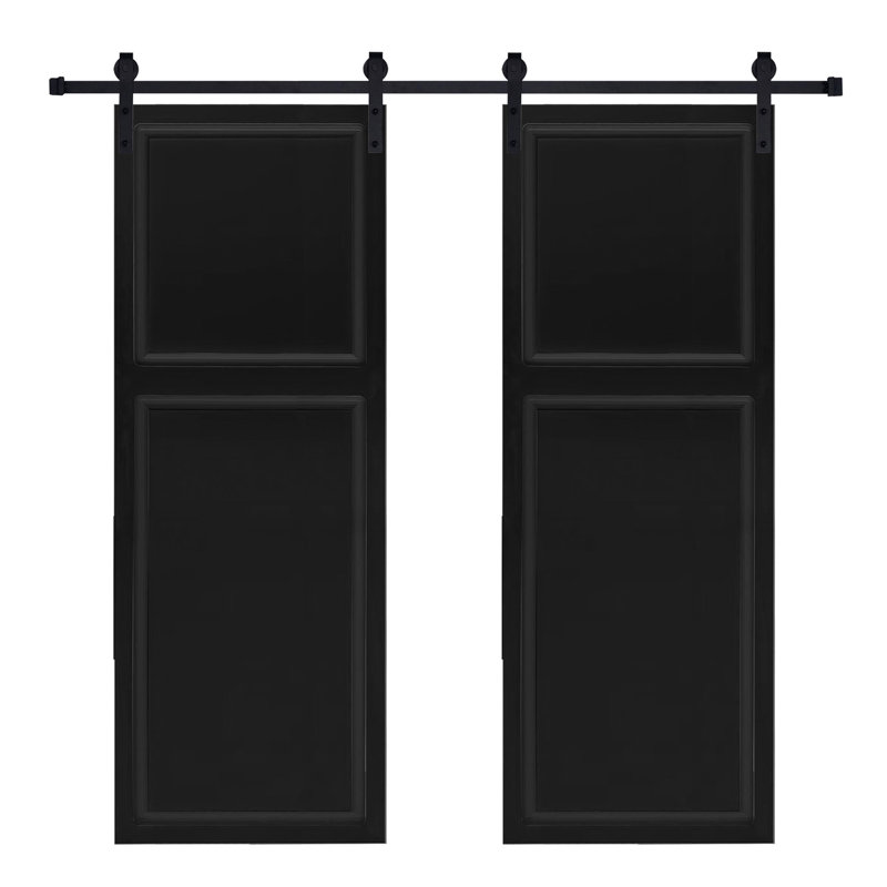 Porte de grange coulissante double en panneau de fibres à densité moyenne noyer noir 2 panneaux de 96 po x 82 po avec quincaillerie Double Modern