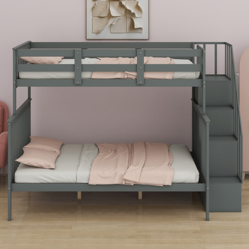 Lit superposé avec escalier de rangement et garde-corps, Gris