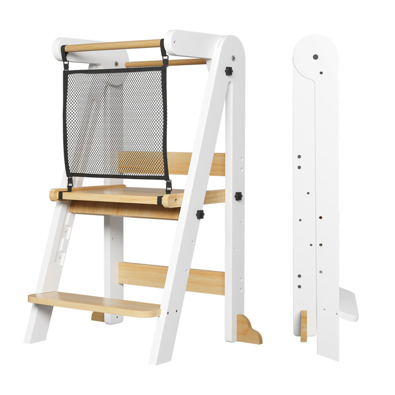 Tabouret pliable pour enfants, 3 tours de cuisine en bois pour tout-petit à hauteur réglable avec filet de sécurité - Blanc