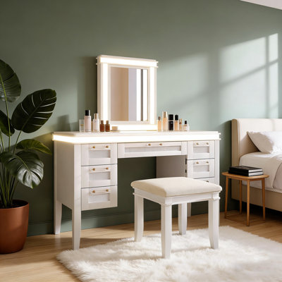 Makeup Vanity Desk with 3 Lighting Modes and Cushioned Stool by Latitude Run