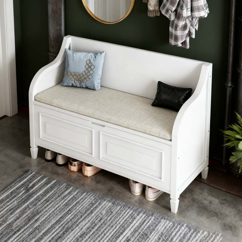 Banc de rangement multifonctionnel avec charnière de sécurité en bois massif, Blanc